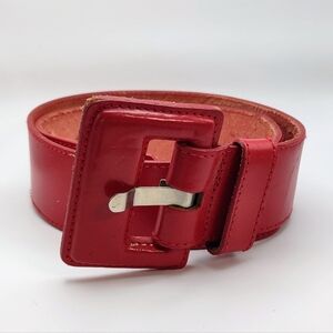 Red Statement Leather Belt Size Medium With Large Buckle Adjustable